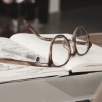 a pair of glasses on an open notebook